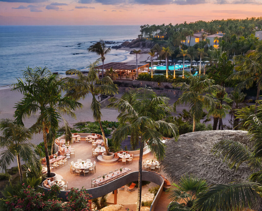 Aerial rendering of The Beach Shack at Playa Palmilla, featuring beachfront dining, lounge areas, and direct access to the calm waters of the Sea of Cortez.