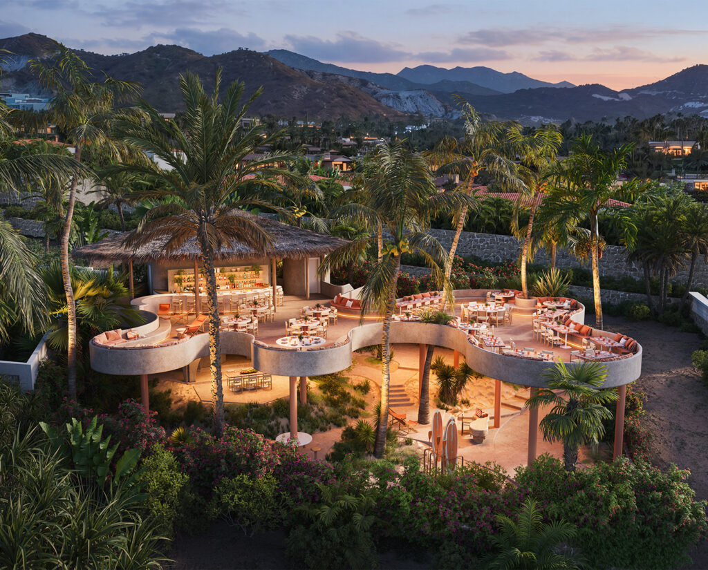 Aerial rendering of The Beach Shack at Playa Palmilla, with open-air beachfront dining and lounge spaces overlooking the Sea of Cortez.