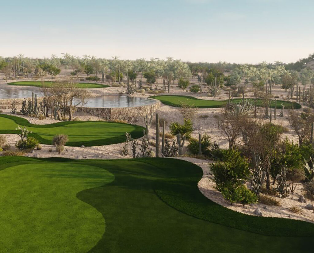 Expansive desert golf course with lush green fairways winding through native cacti, palm trees, and landscaped water features under a clear sky.