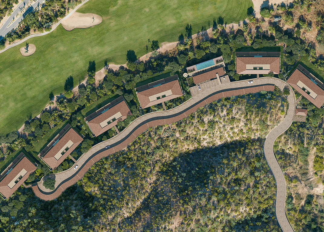 Aerial site plan of the Mountain Residences at Palmilla Reserve, showing six low-rise buildings arranged along a winding hillside road above a golf course. The residences are set within desert landscaping with native vegetation, overlooking green fairways and connected by a central drive leading to a shared amenity area with a pool.