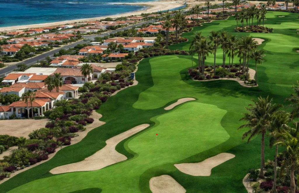 Aerial view of One&Only Palmilla Golf Club fairways and bunkers beside palm-lined residences and the Sea of Cortez.
