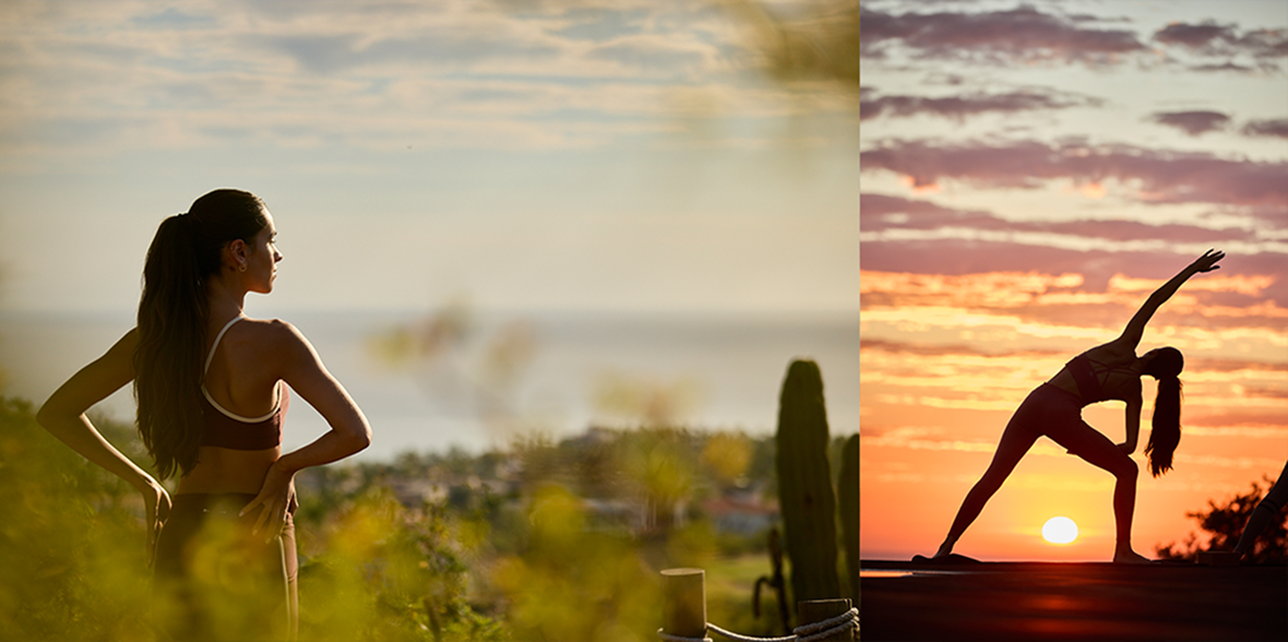 Split image showing wellness and fitness moments—on the left, a woman in athletic wear looks out over a coastal landscape, and on the right, a silhouette of a woman practicing yoga at sunset against a glowing sky.