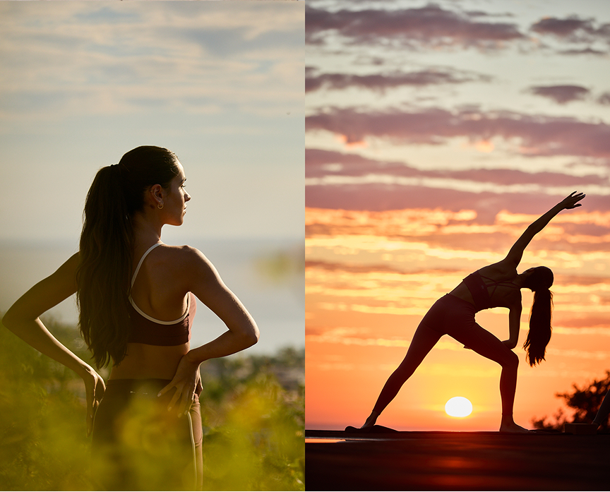 Split image featuring wellness moments—on the left, a woman in athletic wear looks out over a coastal landscape, and on the right, a silhouetted woman performs a yoga pose at sunset with the sun low on the horizon.
