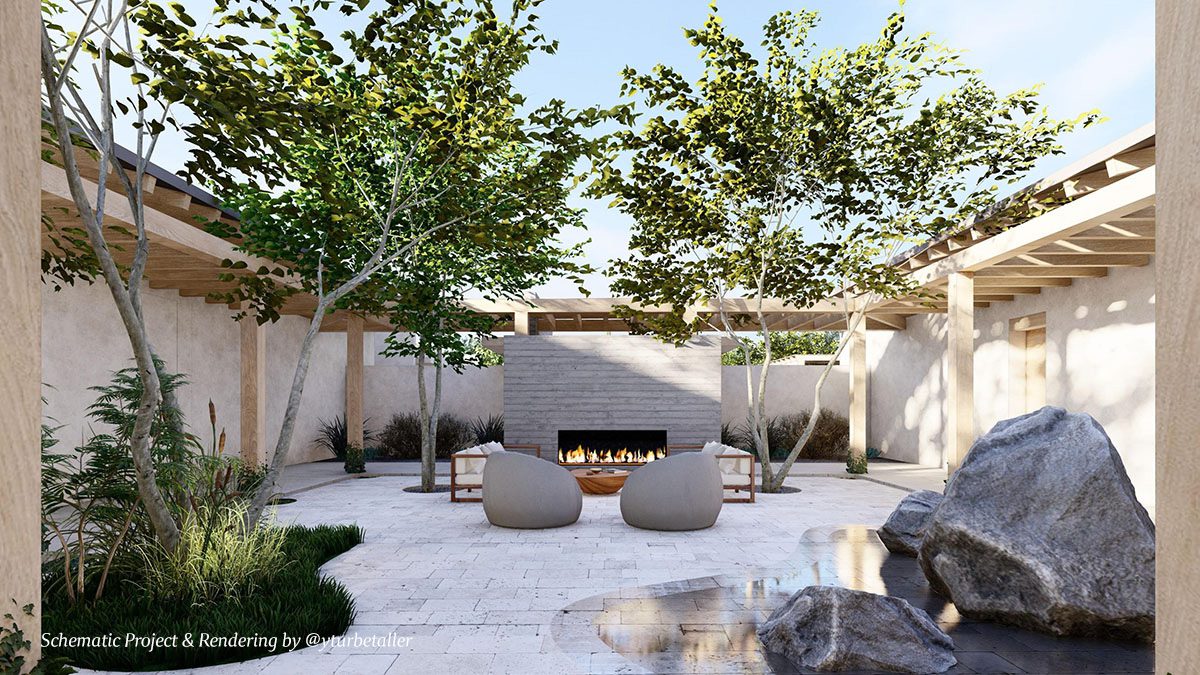 Private courtyard at a Valley Estate residence featuring a central fire feature, lounge seating, and shade trees, with stone paving, natural landscaping, and modern desert architecture creating a tranquil, open-air gathering space.