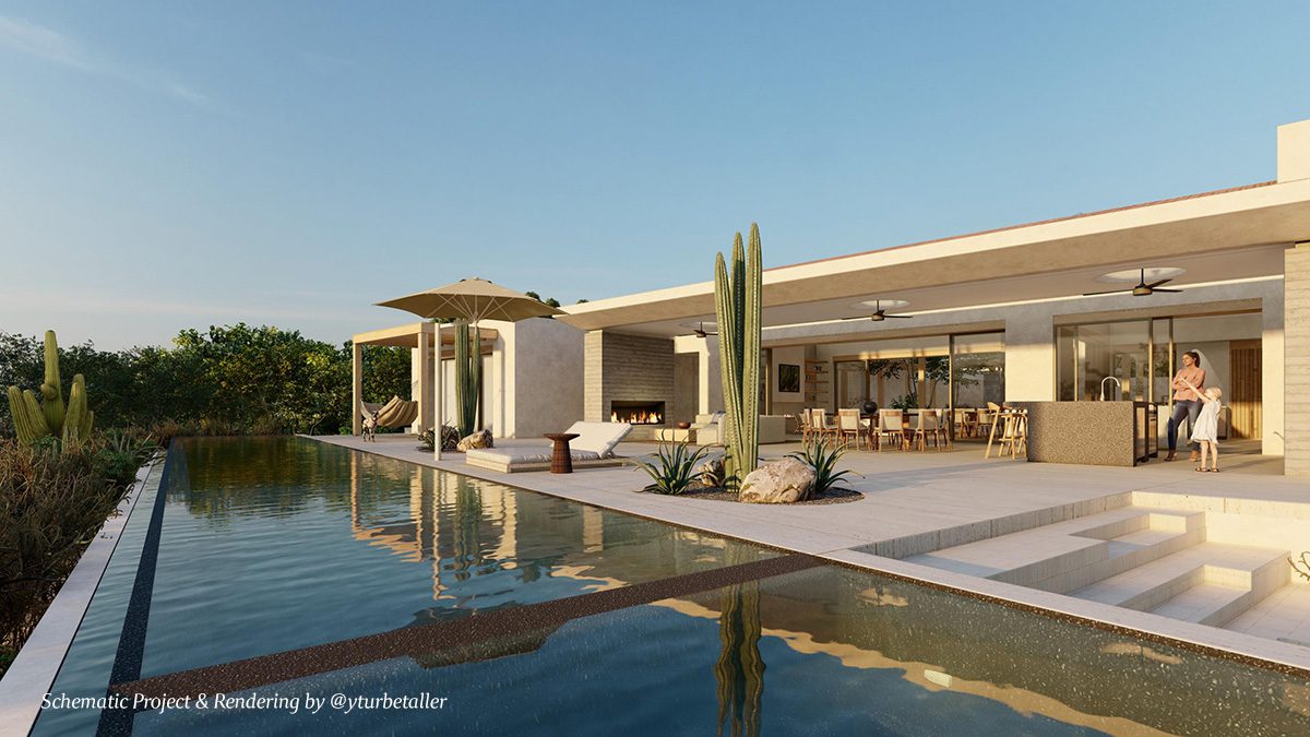 Private courtyard at a Valley Estate residence featuring a central fire feature, lounge seating, and shade trees, with stone paving, natural landscaping, and modern desert architecture creating a tranquil, open-air gathering space.